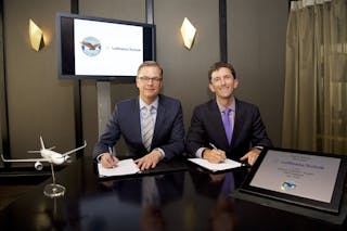 Dr. Johannes Bussmann (chairman of the Executive Board of Lufthansa Technik) and Matthew Bromberg (president Pratt &amp; Whitney Aftermarket) during the signing ceremony