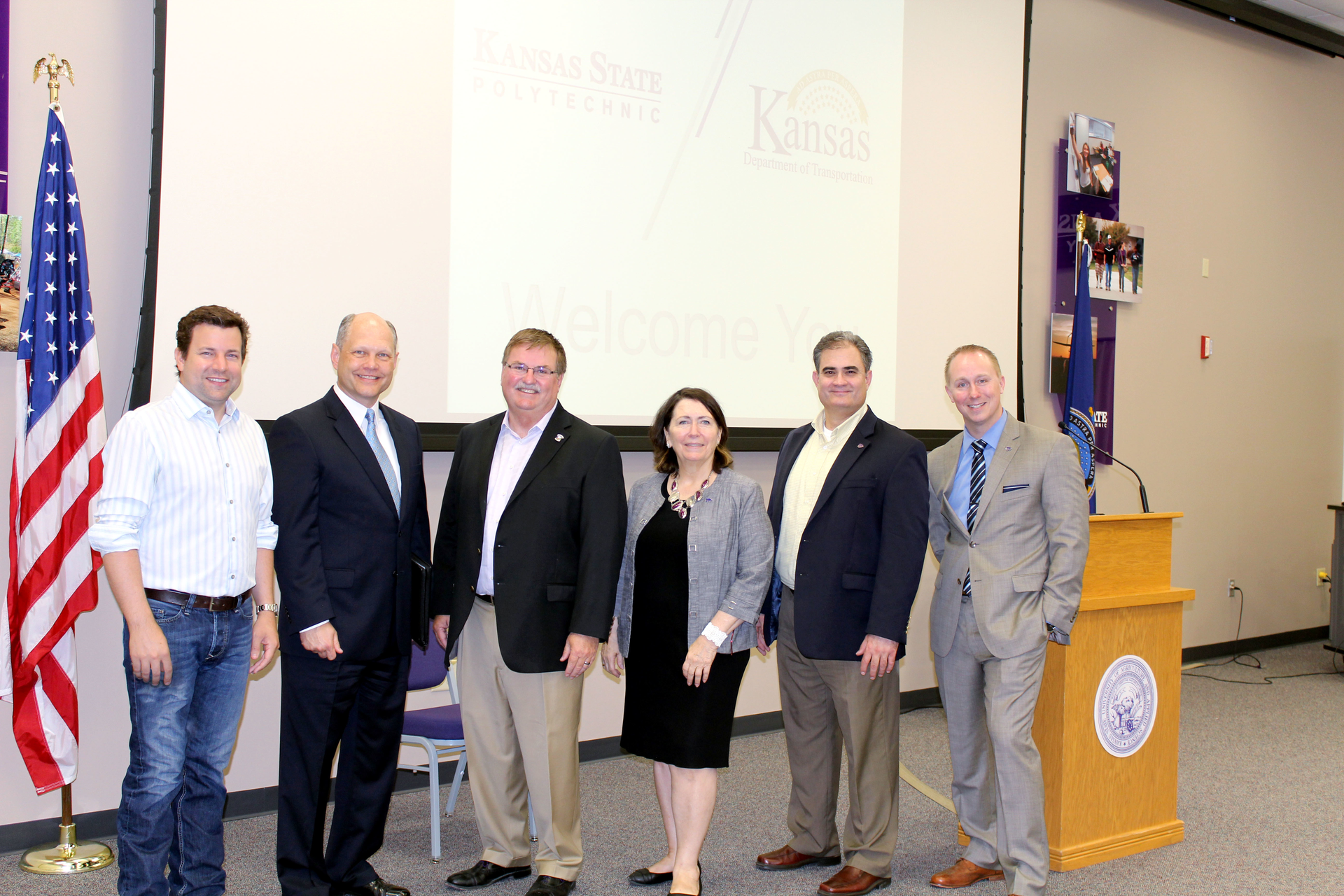 From left are: Rep. J.R. Claeys, Kansas House of Representatives; Bob Brock, Kansas Department of Transportation UAS director; Mike King, Kansas transportation secretary; Verna Fitzsimmons, dean and CEO of Kansas State University's Polytechnic Campus; Kurt Barnhart, associate dean of research on the Polytechnic Campus and executive director of the school's Applied Aviation Research Center; and Merrill Atwater, Kansas Department of Transportation aviation director.