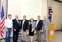 From left are: Rep. J.R. Claeys, Kansas House of Representatives; Bob Brock, Kansas Department of Transportation UAS director; Mike King, Kansas transportation secretary; Verna Fitzsimmons, dean and CEO of Kansas State University's Polytechnic Campus; Kurt Barnhart, associate dean of research on the Polytechnic Campus and executive director of the school's Applied Aviation Research Center; and Merrill Atwater, Kansas Department of Transportation aviation director.