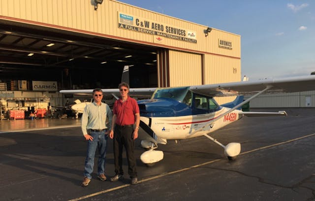 Thierry Saint Loup (left) and Ross McCurdy after completing the Fuel Efficiency World Record Flight at Essex County Airport Caldwell, New Jersey.