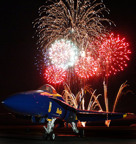 US Navy 050931 N 9769P 001 Fireworks explode and highlight an F A 18A Hornet assigned to the U S Navy flight demonstration team the Blue Angels at the Mid South Air Show at the Millington Municipal Airport 57769a0c89ff5