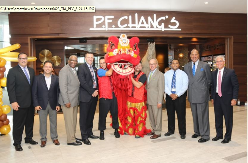 From left to right, Michael Price, vice president of business development, HMSHost; Genaro Perez, vice president of global marketing, P.F. Chang&rsquo;s China Bistro Inc.; Derryl Benton, executive vice president of business development, HMSHost; Zydrunas Rackauskas, director of operations, Tinsley Family Concessions; Joe Lopano, CEO, Tampa International Airport; Anthony &ldquo;AJ&rdquo; Summers, director of operations, Tinsley Family Concessions; George Tinsley Sr., CEO, Tinsley Family Concessions; John Tiliacos, vice president of operations, Tampa International Airport.