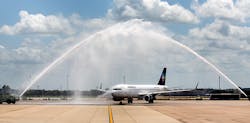 Volaris was given a traditional water cannon salute Aug. 7, at Austin-Bergstrom International Airport. Volaris was given a traditional water cannon salute Aug. 7, at Austin-Bergstrom International Airport.