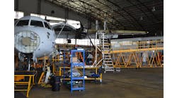 An ATR undergoes heavy maintenance in one of the three maintenance hangars available.