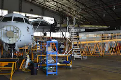 An ATR undergoes heavy maintenance in one of the three maintenance hangars available. An ATR undergoes heavy maintenance in one of the three maintenance hangars available.