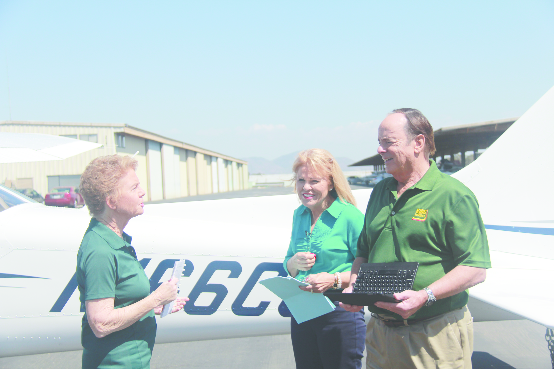 Martha King, Mary Schu and John King on set during the shooting of the newly released King Schools Instrument Practical Test (Oral Exam & Flight Test) course.
