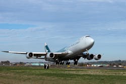 Cathay Pacific Airways 747-8F departing Portland International Airport