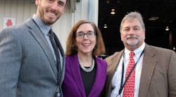 Josh Matheson, Vice President of Operations (left) and Charles Mellor, Chief Operating Officer for Matheson Trucking, Inc., with Oregon Governor Kate Brown at the launch of air cargo service between Portland and Asian markets on November 4, 2016. Matheson Flight Extenders is handling import/export freight consolidation services for Cathay Pacific Airways at its facility at the Portland International .