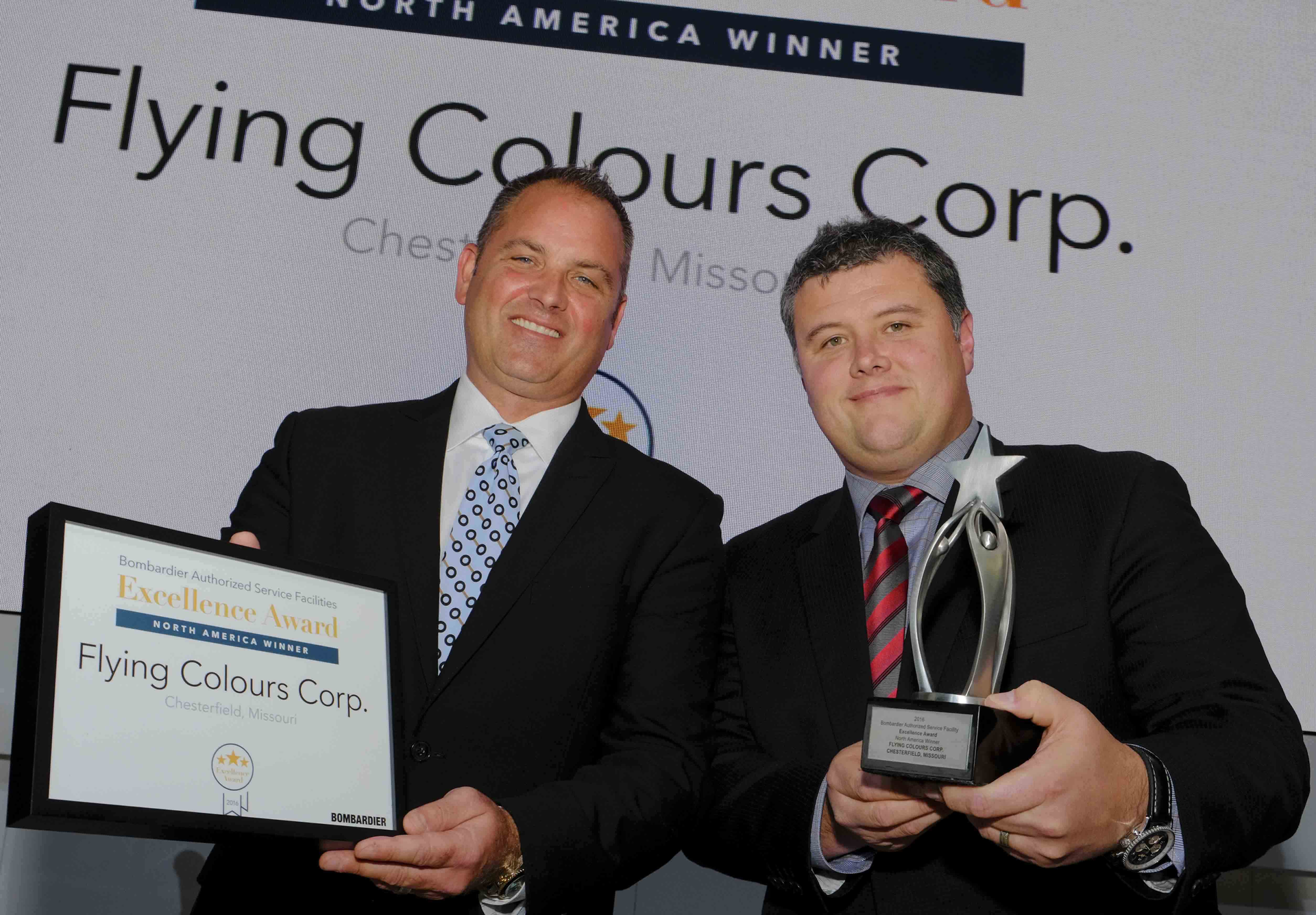 Kevin Kliethermes, director of sales, and Sean Gillespie, executive VP, accepted the award on Flying Colours Corp.'s behalf.