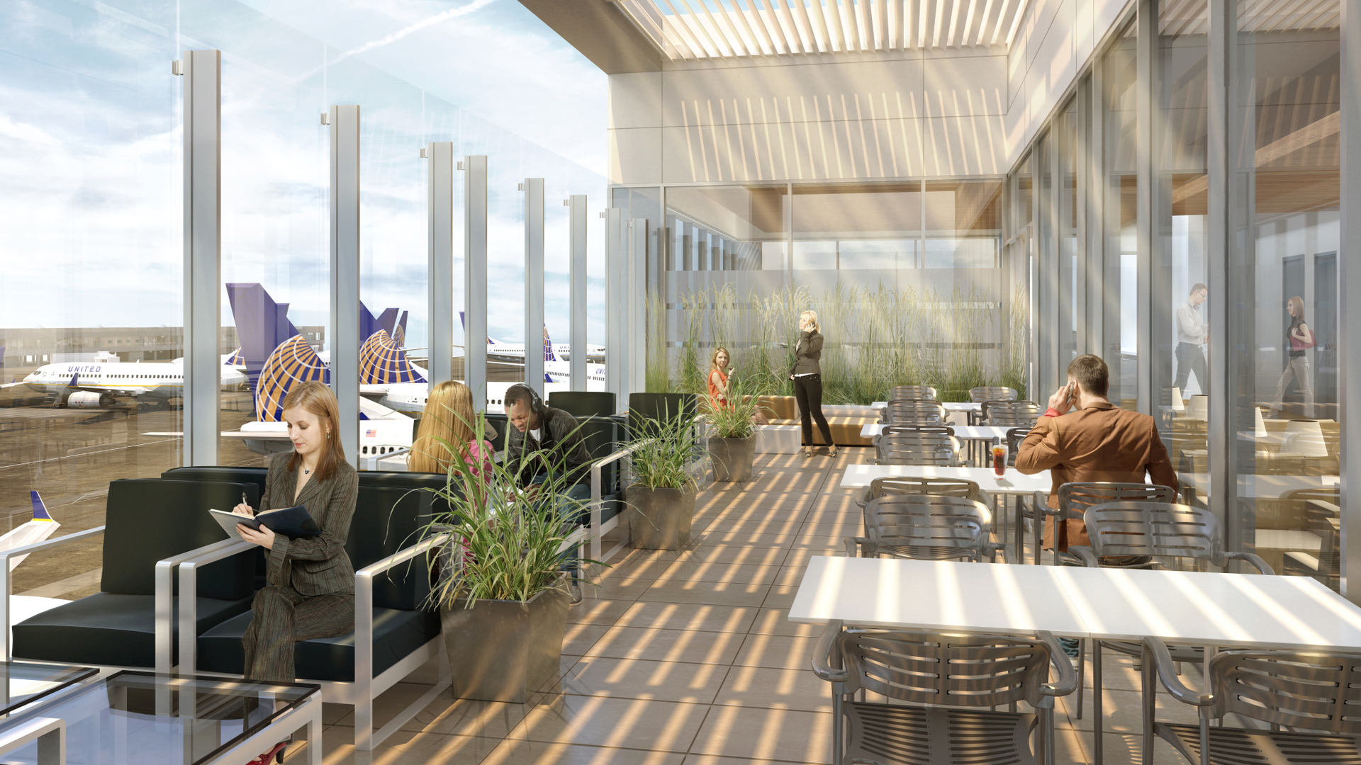 The location features a gourmet kitchen and bar offering expanded food and beverage options, seating areas conducive to working and lounging and spectacular views of the airport, the Hollywood Hills and the Los Angles skyline.