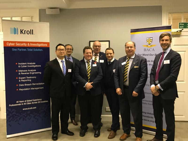 Left to right - Kevin Wong (Kroll), William Brittain-Catlin (Kroll), Richard Mumford (BACA Chairman), Peter Bradfield (BACA Council), Ben Watts (PrivateFly), Volker Meissner (BACA Deputy Chairman), Jasper van Dooren (Kroll Ontrack).