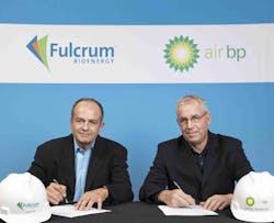 E.James Macias, president and CEO of Fulcrum, left, signs agreement with David Gilmour, vice president technology, commercialisation and Ventures, BP Ventures. E.James Macias, president and CEO of Fulcrum, left, signs agreement with David Gilmour, vice president technology, commercialisation and Ventures, BP Ventures.