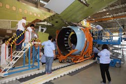Nexcelle’s O-Duct thrust reverser is inspected for installation on the C919 jetliner. Nexcelle’s O-Duct thrust reverser is inspected for installation on the C919 jetliner.
