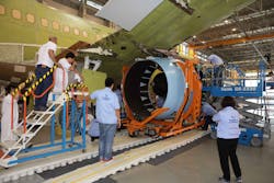 Nexcelle&rsquo;s O-Duct thrust reverser is inspected for installation on the C919 jetliner.