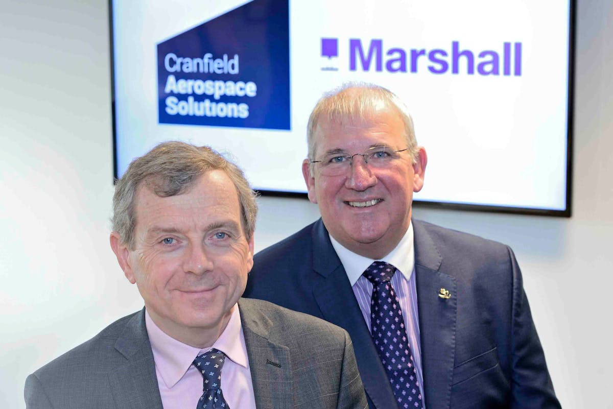 MOU was signed by Steve Fitz-Gerald CEO of Marshall Aerospace and Defence Group (right) and Paul Hutton CEO of Cranfield Aerospace (left).