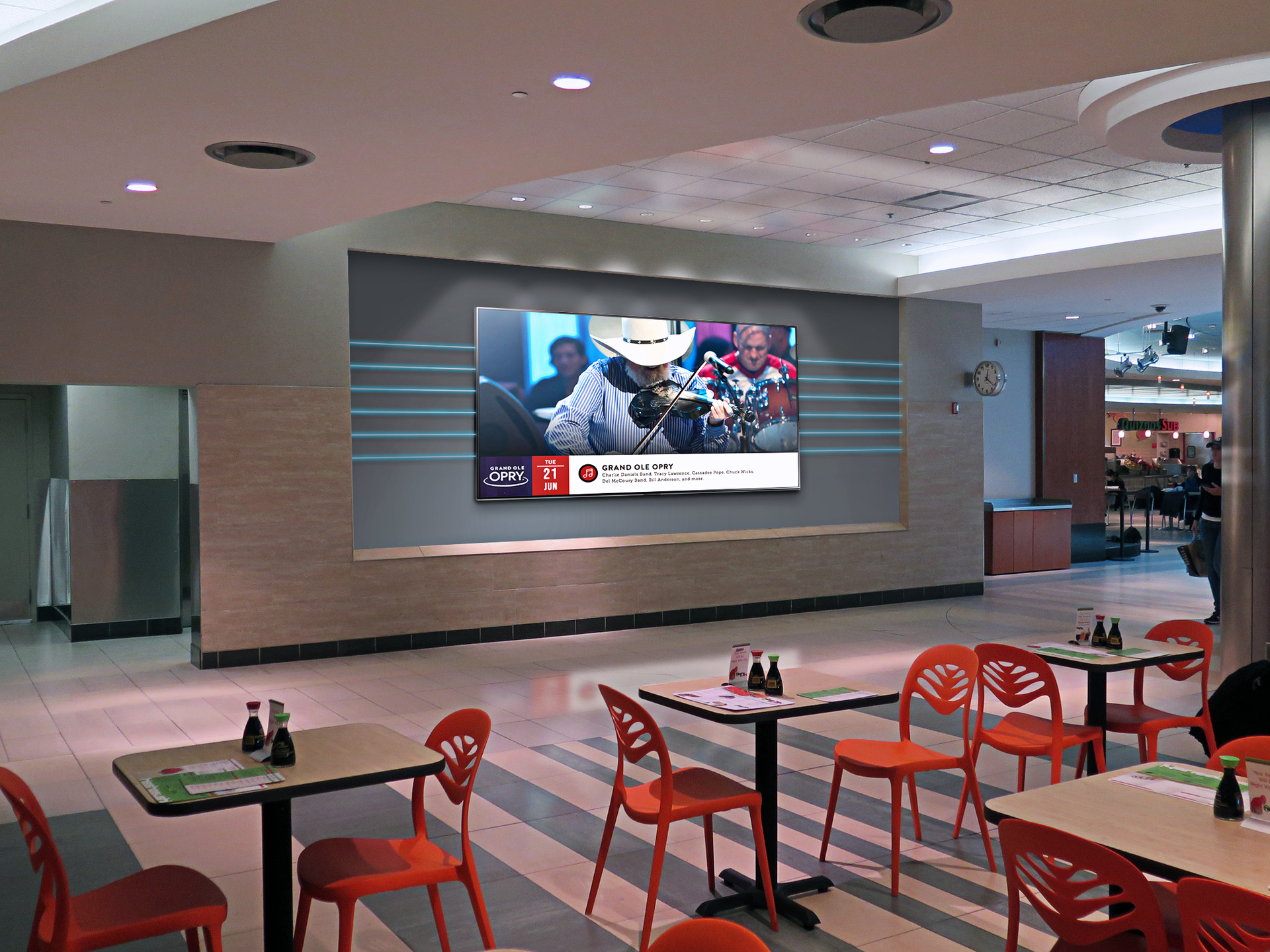 An LED display inside the food court at Nashville International Airport.