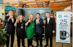 Toasting to 25 years of partnership, left to right, Steve Johnson, president and CEO, HMSHost; Brenda Canady-Valbush, Starbucks barista, HMSHost; Keri Krokenes-Williams, Starbucks barista, HMSHost; Jeff Yablun, EVP and chief operating officer, HMSHost; John Culver, president global retail, Starbucks. Toasting to 25 years of partnership, left to right, Steve Johnson, president and CEO, HMSHost; Brenda Canady-Valbush, Starbucks barista, HMSHost; Keri Krokenes-Williams, Starbucks barista, HMSHost; Jeff Yablun, EVP and chief operating officer, HMSHost; John Culver, president global retail, Starbucks.