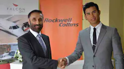 Raman Oberoi, left, COO of Falcon Aviation Services (FAS) with Bernard Stanley of Rockwell Collins. FAS is using ARINC LocalCheck to automate the check-in process for its fleet of helicopters and corporate jets.