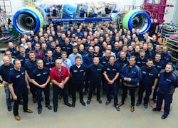 Rolls-Royce employees celebrate the delivery of the 7,000th engines from the Dahlewitz site.