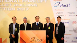 (from left) Occupational Safety and Health Council Principal Consultant Dr Winson Yeung; Hactl Chief Executive Mark Whitehead; Under Secretary for Transport and Housing, Yau Shing-mu; Assistant Commissioner for Labour (Occupational Safety) Wu Wai-Hung and Hactl Executive Director Kenneth Chan launch the 2017 Hactl International Forklift and Pallet Building Competition.