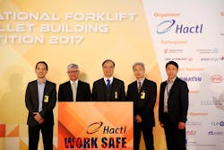 (from left) Occupational Safety and Health Council Principal Consultant Dr Winson Yeung; Hactl Chief Executive Mark Whitehead; Under Secretary for Transport and Housing, Yau Shing-mu; Assistant Commissioner for Labour (Occupational Safety) Wu Wai-Hung and Hactl Executive Director Kenneth Chan launch the 2017 Hactl International Forklift and Pallet Building Competition. (from left) Occupational Safety and Health Council Principal Consultant Dr Winson Yeung; Hactl Chief Executive Mark Whitehead; Under Secretary for Transport and Housing, Yau Shing-mu; Assistant Commissioner for Labour (Occupational Safety) Wu Wai-Hung and Hactl Executive Director Kenneth Chan launch the 2017 Hactl International Forklift and Pallet Building Competition.
