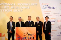 (from left) Occupational Safety and Health Council Principal Consultant Dr Winson Yeung; Hactl Chief Executive Mark Whitehead; Under Secretary for Transport and Housing, Yau Shing-mu; Assistant Commissioner for Labour (Occupational Safety) Wu Wai-Hung and Hactl Executive Director Kenneth Chan launch the 2017 Hactl International Forklift and Pallet Building Competition.
