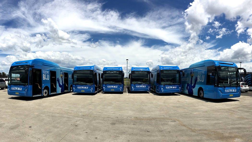 The Electric Blu Bus currently operating Sydney Airport&rsquo;s shuttle service.