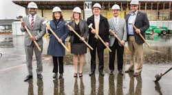 From left to right, Lance Lyttle, managing director, Sea-Tac Airport, Port of Seattle; U.S. Senator Maria Cantwell; Port of Seattle Commissioner Stephanie Bowman, Andrew Harrison, EVP chief commercial officer, Alaska Airlines; Jim Pappas, VP, Hensel Phelps; Monty Anderson, Seattle Building and Construction Trades Council.