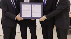 The Etihad Airways Engineering team display their Production Organisation Approval certificate. (L-R) Michael Adams, VP MRO Operations; Bernhard Randerath, VP Design, Engineering and Innovation; Jeff Wilkinson, CEO Etihad Engineering; Stephan Keil, Senior Manager Projects.