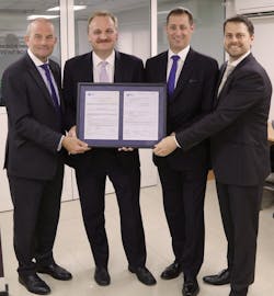The Etihad Airways Engineering team display their Production Organisation Approval certificate. (L-R) Michael Adams, VP MRO Operations; Bernhard Randerath, VP Design, Engineering and Innovation; Jeff Wilkinson, CEO Etihad Engineering; Stephan Keil, Senior Manager Projects. The Etihad Airways Engineering team display their Production Organisation Approval certificate. (L-R) Michael Adams, VP MRO Operations; Bernhard Randerath, VP Design, Engineering and Innovation; Jeff Wilkinson, CEO Etihad Engineering; Stephan Keil, Senior Manager Projects.