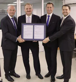 The Etihad Airways Engineering team display their Production Organisation Approval certificate. (L-R) Michael Adams, VP MRO Operations; Bernhard Randerath, VP Design, Engineering and Innovation; Jeff Wilkinson, CEO Etihad Engineering; Stephan Keil, Senior Manager Projects.