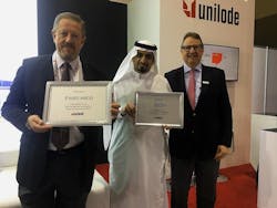 Chris Notter (VP Operations, Saudia Cargo), Nadeem Malibari (Head of Ground Operations PMO, Saudia) and Ludwig Bertsch (President and CEO, Unilode) at the ceremony at the World Cargo Symposium in Abu Dhabi. Chris Notter (VP Operations, Saudia Cargo), Nadeem Malibari (Head of Ground Operations PMO, Saudia) and Ludwig Bertsch (President and CEO, Unilode) at the ceremony at the World Cargo Symposium in Abu Dhabi.