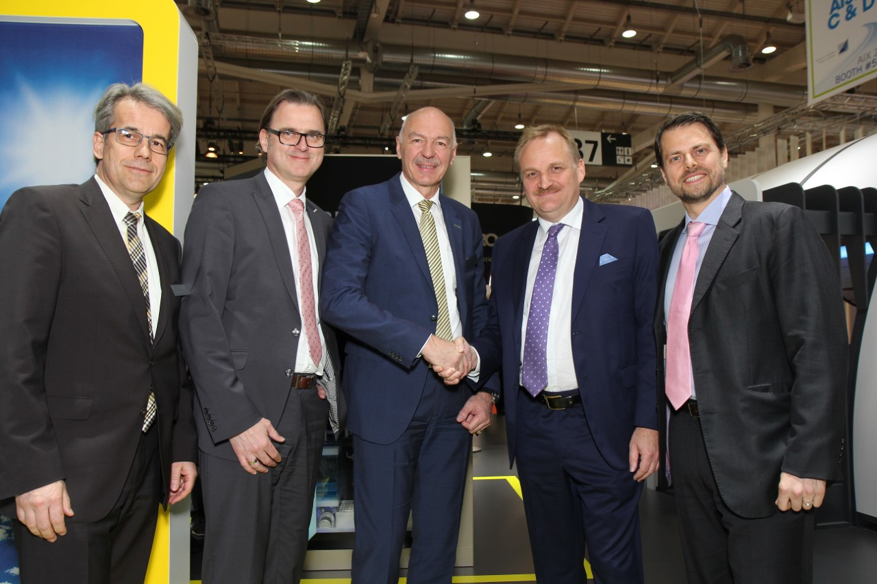 The Etihad Airways Engineering and Diehl Aerosystems teams will be working together on the first serial produced 3D-printed cabin plastic part. L-R: Holger Hafner, Senior Vice President Corporate Retrofit &ndash; BFE, Diehl Aerosystems; Harald Mehring, Chief Customer Officer, Diehl Aerosystems; Rainer von Borstel, Chairman of the Board and CEO Diehl Aerosystems; Bernhard Randerath, Vice President Design, Engineering and Innovation, Etihad Airways Engineering; Stephan Keil, Senior Manager Production, Project Delivery and Innovation, Etihad Airways Engineering.