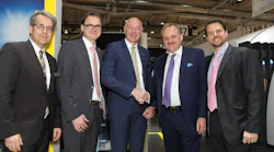 The Etihad Airways Engineering and Diehl Aerosystems teams will be working together on the first serial produced 3D-printed cabin plastic part. L-R: Holger Hafner, Senior Vice President Corporate Retrofit – BFE, Diehl Aerosystems; Harald Mehring, Chief Customer Officer, Diehl Aerosystems; Rainer von Borstel, Chairman of the Board and CEO Diehl Aerosystems; Bernhard Randerath, Vice President Design, Engineering and Innovation, Etihad Airways Engineering; Stephan Keil, Senior Manager Production, Project Delivery and Innovation, Etihad Airways Engineering.