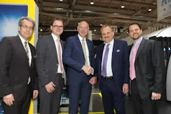 The Etihad Airways Engineering and Diehl Aerosystems teams will be working together on the first serial produced 3D-printed cabin plastic part. L-R: Holger Hafner, Senior Vice President Corporate Retrofit – BFE, Diehl Aerosystems; Harald Mehring, Chief Customer Officer, Diehl Aerosystems; Rainer von Borstel, Chairman of the Board and CEO Diehl Aerosystems; Bernhard Randerath, Vice President Design, Engineering and Innovation, Etihad Airways Engineering; Stephan Keil, Senior Manager Production, Project Delivery and Innovation, Etihad Airways Engineering.