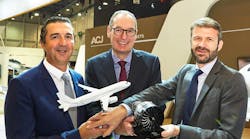 Benoit Defforge, President of Airbus Corporate Jets; Jonathan Bousfield, CEO of Acropolis Aviation; and C&eacute;dric Goubet, Executive Vice President, Commercial Engines, Safran.