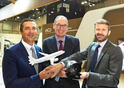 Benoit Defforge, President of Airbus Corporate Jets; Jonathan Bousfield, CEO of Acropolis Aviation; and Cédric Goubet, Executive Vice President, Commercial Engines, Safran. Benoit Defforge, President of Airbus Corporate Jets; Jonathan Bousfield, CEO of Acropolis Aviation; and Cédric Goubet, Executive Vice President, Commercial Engines, Safran.