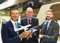 Benoit Defforge, President of Airbus Corporate Jets; Jonathan Bousfield, CEO of Acropolis Aviation; and C&eacute;dric Goubet, Executive Vice President, Commercial Engines, Safran.