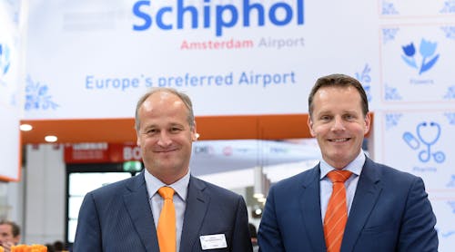 Jonas van Stekelenburg (left), head of cargo at Amsterdam Airport Schiphol, and Nanne Onland, executive director at Cargonaut, officially launch the Compliance Checker at the transport logistic show in Munich, Germany.