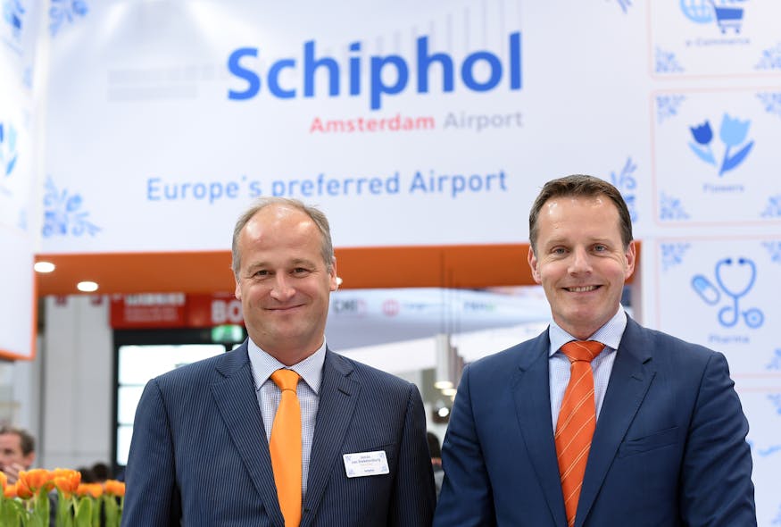 Jonas van Stekelenburg (left), head of cargo at Amsterdam Airport Schiphol, and Nanne Onland, executive director at Cargonaut, officially launch the Compliance Checker at the transport logistic show in Munich, Germany.