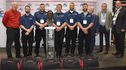 Photo identification (left to right): Tom Murray, Director, Marketing and Business Development, Snap-on Industrial; Bryan Brown, United Airlines; John Waldeck, United Airlines; Brian Hall, United Airlines; Garrett Morrison, United Airlines; R.J. Peterson, United Airlines; John Goglia, president, Aerospace Maintenance Council; Don Wright, United Airlines; James Montgomery, United Airlines.