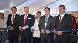 Ribbon Cutting Ceremony at the AeroExpo Panama Pacifico 2017- Yvan Boniface, Aero Expo Panama; John Feeley, US Ambassador; Dr. Umberto Alvarez, UTP; Carlos Duboy, Tocumen SA; Alfredo Fonseca, AAC.