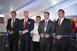 Ribbon Cutting Ceremony at the AeroExpo Panama Pacifico 2017- Yvan Boniface, Aero Expo Panama; John Feeley, US Ambassador; Dr. Umberto Alvarez, UTP; Carlos Duboy, Tocumen SA; Alfredo Fonseca, AAC.