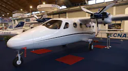 The Tecnam P2012 Traveler on display at 25th anniversary of AERO Friedrichshafen in April 2017.