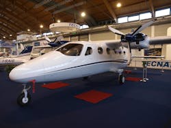 The Tecnam P2012 Traveler on display at 25th anniversary of AERO Friedrichshafen in April 2017.