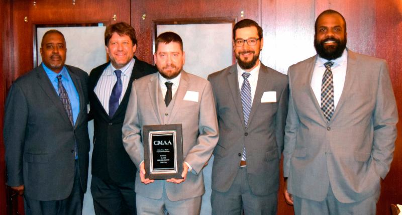 Representatives from CARE Plus and CMAA with award on May 25, 2017. From left to right, Kevin Wilson, vice president- CMAA; Justin Planasch, PE, CCM - CIP civil construction manager - CARE Plus/HNTB; Frank Friar - CIP resident engineer - CARE Plus/ RM Chin; Marques Browder - CIP field inspector - CARE Plus/HNTB; Dan Pagano - CIP assistant resident engineer - CARE Plus/HNTB.