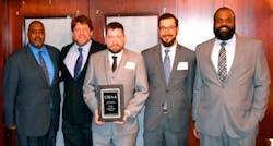Representatives from CARE Plus and CMAA with award on May 25, 2017. From left to right, Kevin Wilson, vice president- CMAA; Justin Planasch, PE, CCM - CIP civil construction manager - CARE Plus/HNTB; Frank Friar - CIP resident engineer - CARE Plus/ RM Chin; Marques Browder - CIP field inspector - CARE Plus/HNTB; Dan Pagano - CIP assistant resident engineer - CARE Plus/HNTB.