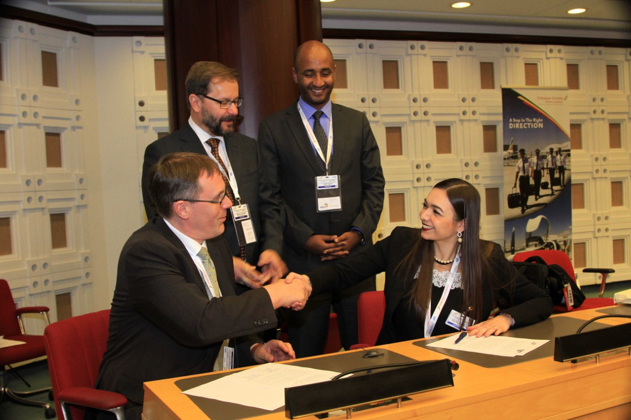 L to R Sasha Neusser Chair of AfBAA Safety and Training Committee; AfBAA members Michael Grueninger and Dawit Lemma, Krimson PLC; Paula V de Almeida Director JAA TO.