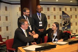 L to R Sasha Neusser Chair of AfBAA Safety and Training Committee; AfBAA members Michael Grueninger and Dawit Lemma, Krimson PLC; Paula V de Almeida Director JAA TO. L to R Sasha Neusser Chair of AfBAA Safety and Training Committee; AfBAA members Michael Grueninger and Dawit Lemma, Krimson PLC; Paula V de Almeida Director JAA TO.