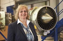 Andrea Weyrich, Manager Maintenance Engine Shop, shown with a TFE731-series engine.
